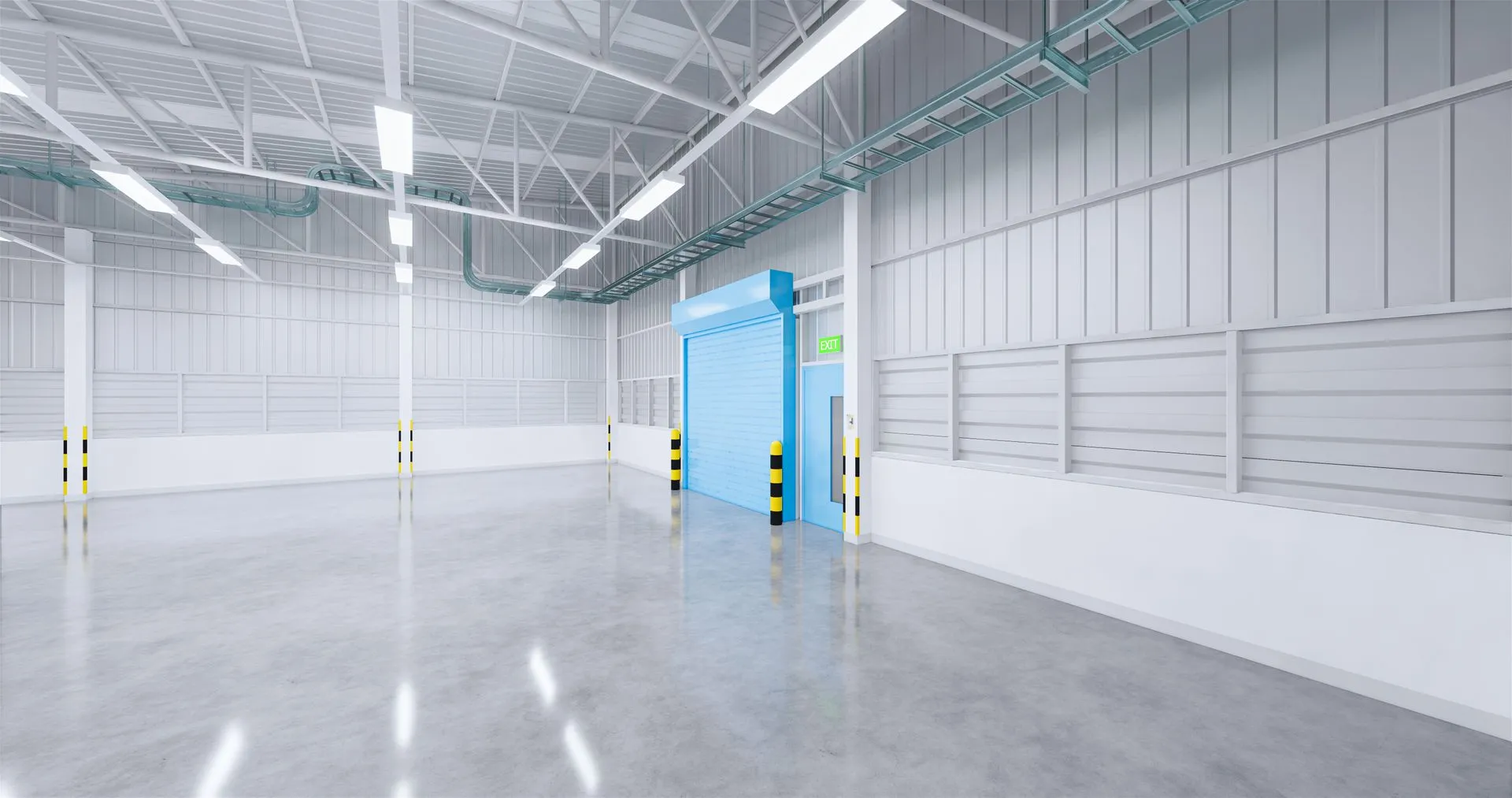 An empty warehouse with a blue door and a concrete floor.