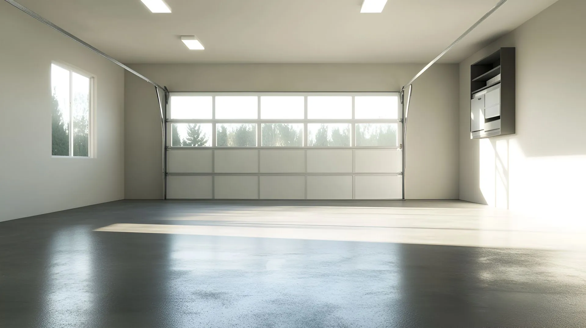 An empty garage with a garage door open and a window.