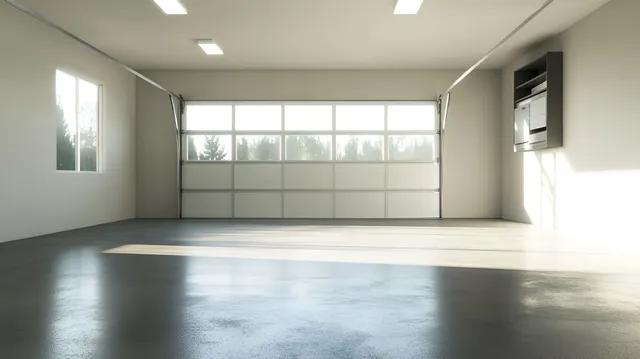 An empty garage with a garage door open and a window.