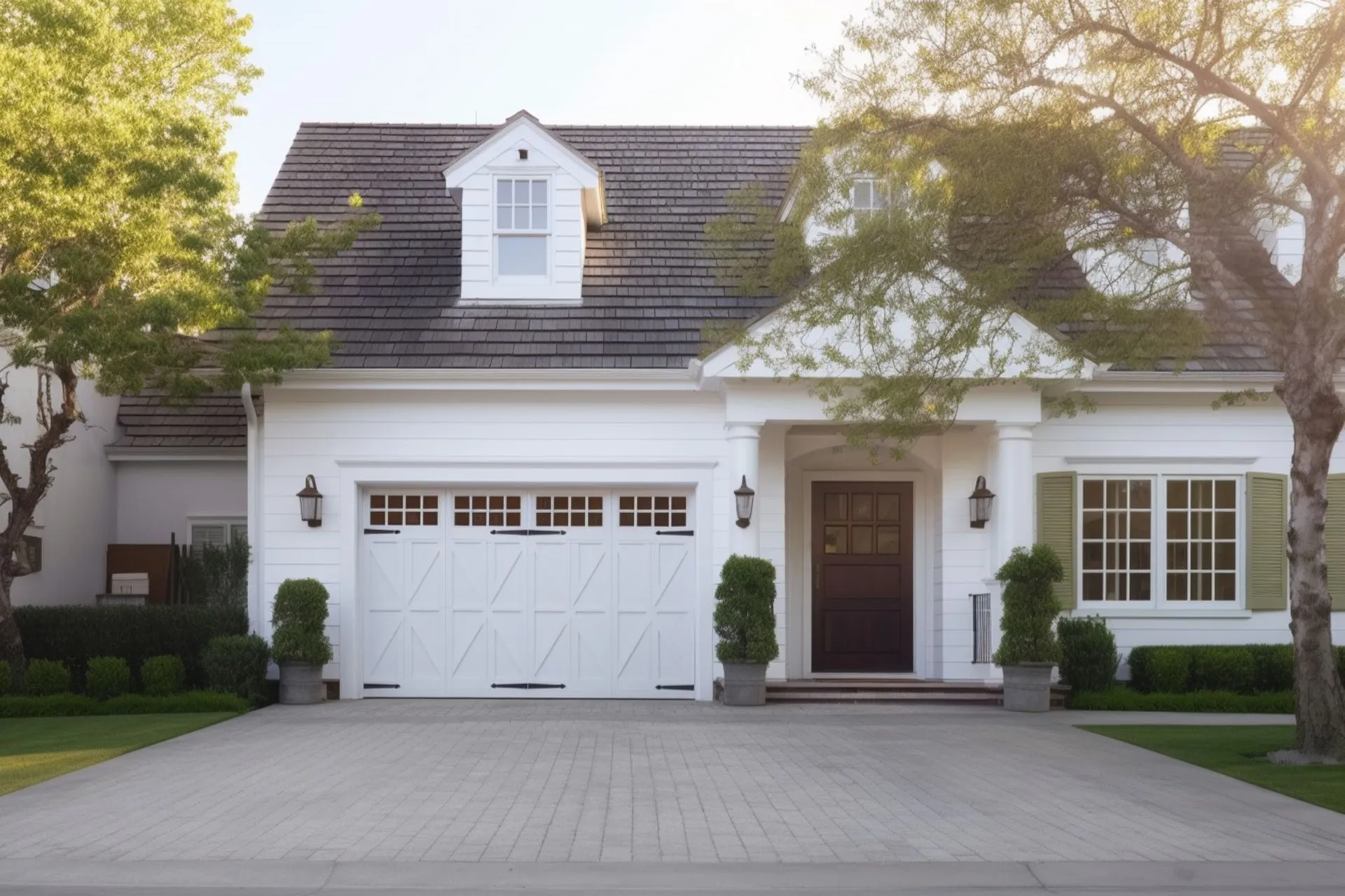 A white house with a black roof and a white garage door